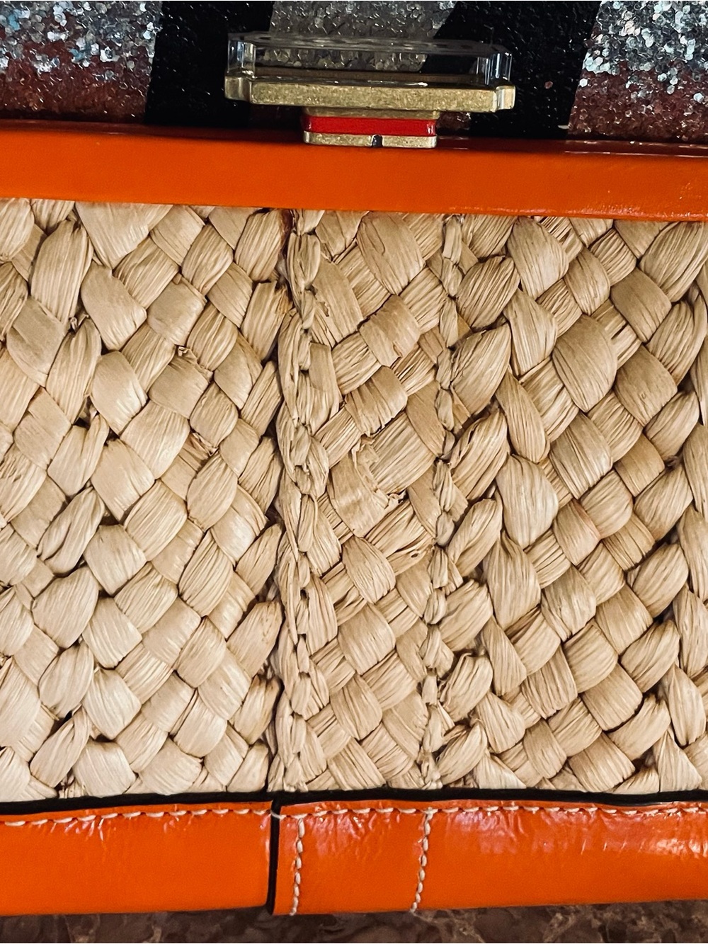 COACH Vintage Orange Straw Leather Minaudière Clutch WITH Motif Chain Bag Charm - Picture 15 of 17